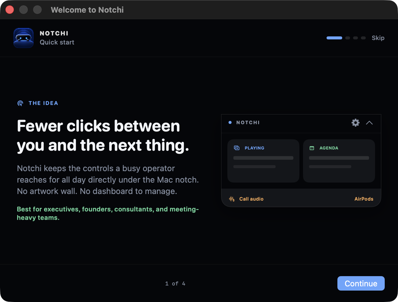 Notchi’s Quick Start welcome screen explaining its compact Mac control panel.
