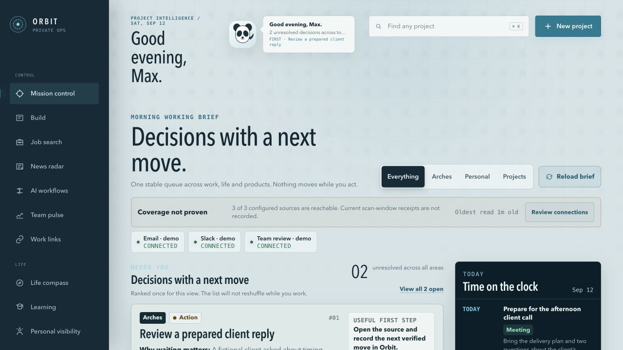 The real Orbit Mission Control interface showing fictional email, calendar and team decisions.