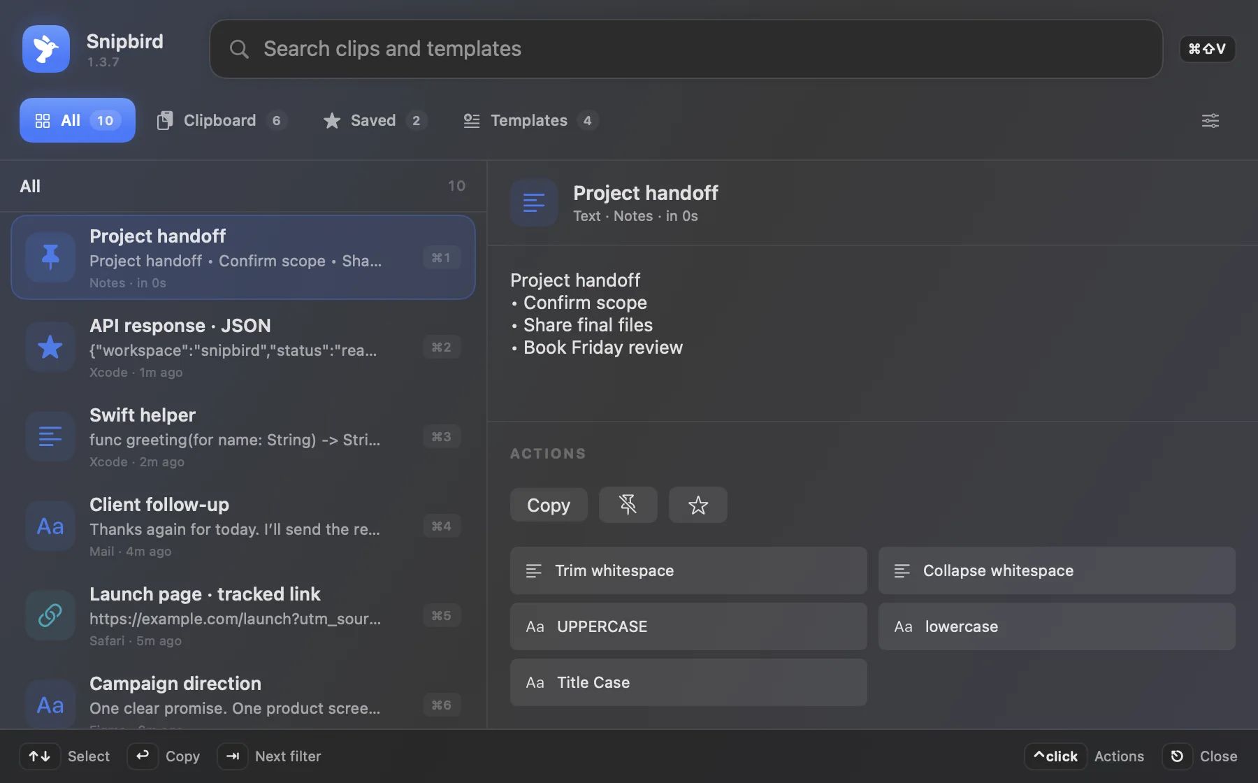 Snipbird’s searchable clipboard and template interface showing demo clips and text actions.